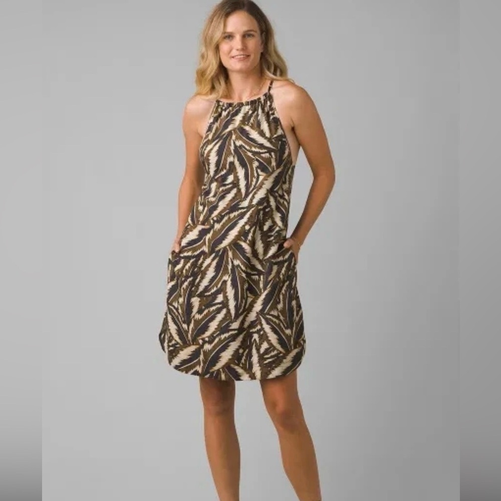 NWT prAna Epicanopy Leaf Print Halter Dress Size S Cafe Panama Black Brown